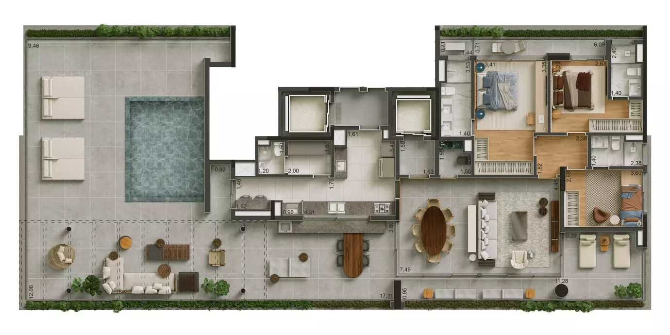 Perspectiva Ilustrada - Planta da Penthouse do Apto. de 3 suítes de 332,44 m² – 1 por andar** 