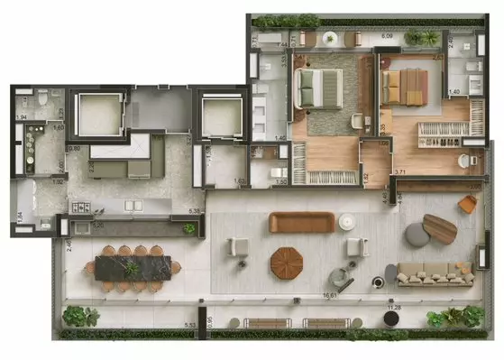 Perspectiva Ilustrada - Planta do Apto. de 3 suítes de 207,40 m² com sala ampliada – 1 por andar*